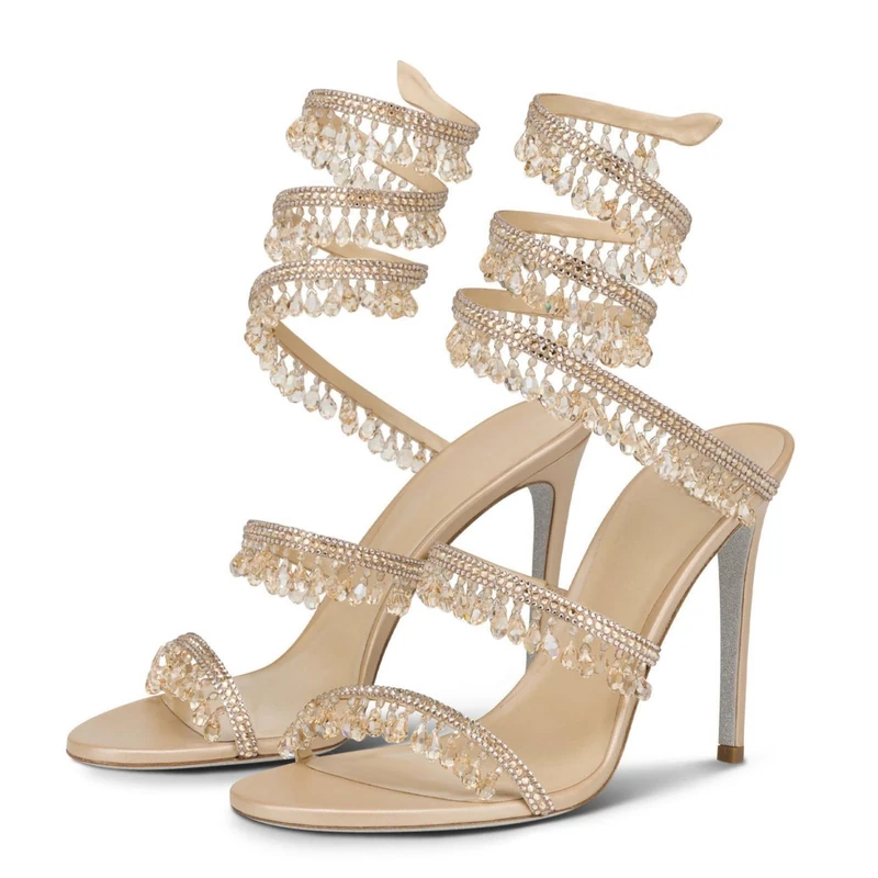 Longwenxuan Rhinestone Tassel Wrap Around High Heels Stiletto Sandals for Women,Women's Colorful Diamonds Twist Around Open Round Toe Lace up Heeled Sandals Date Banquet Dress Wedding Prom Heels - Image 1