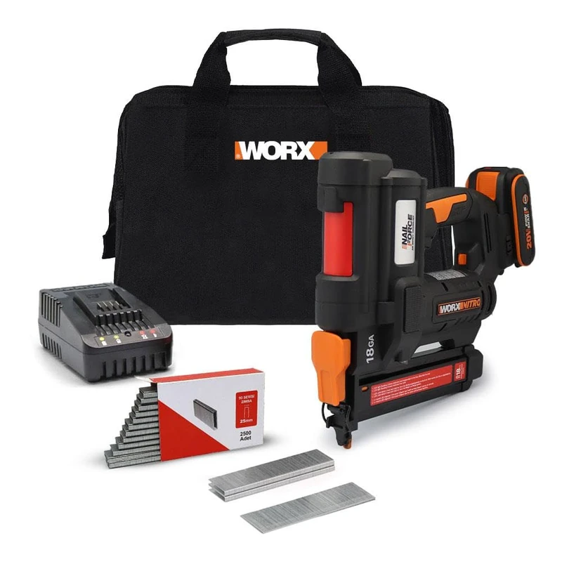WORX Nitro 20V 2Ah Cordless Electric Stapler Pull Up to 80 Staples Per Minute Tool-Free Unlocking WX844 (Comes with Battery and Charger, 200 18GA Staples, Belt Hook)