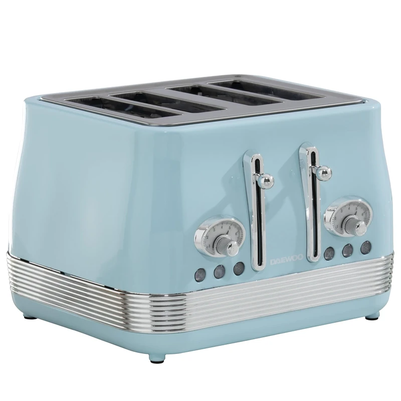 Daewoo Baltimore Collection, 2 Slice Toaster, Easy Cleaning, Safety Features, Cord Storage, High Lift Lever, Browning Controls, Defrost, Reheat, Cancel Functions, Sky Blue