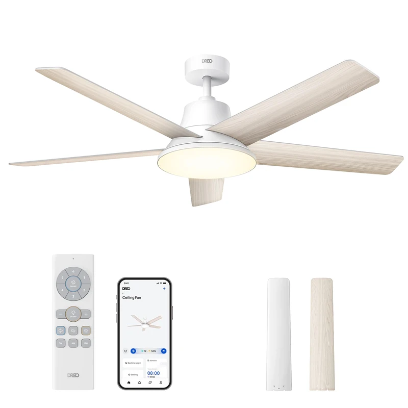DREO Smart Ceiling Fan with Light, 132 cm, 12 Speeds, 3 Modes, Stepless Dimmable LED Lighting, Quiet DC Motor, 12H Timer, Remote Control/APP/Alexa, Indoor White