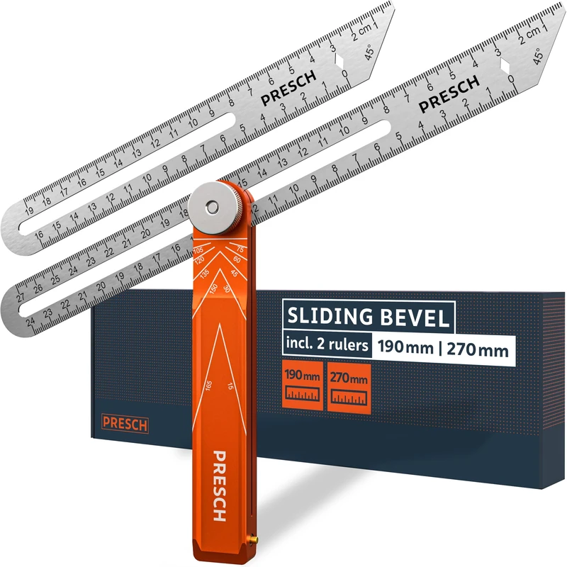 PRESCH Sliding bevel - 19/27cm, Aluminium & Stainless Steel - Accurate Angle Measurement & Transfer Tool, T Square with Marking Gauge Function