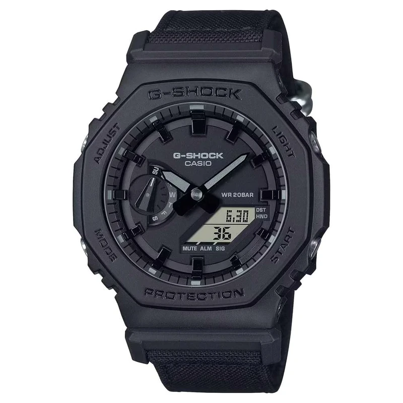 Casio G-Shock GA-2100BCE-1AER Analog-Digital Quartz Watch with World Time, Countdown Alarm, Black Resin Case with Fabric Strap, 200 Metre Water Resistance, Unisex