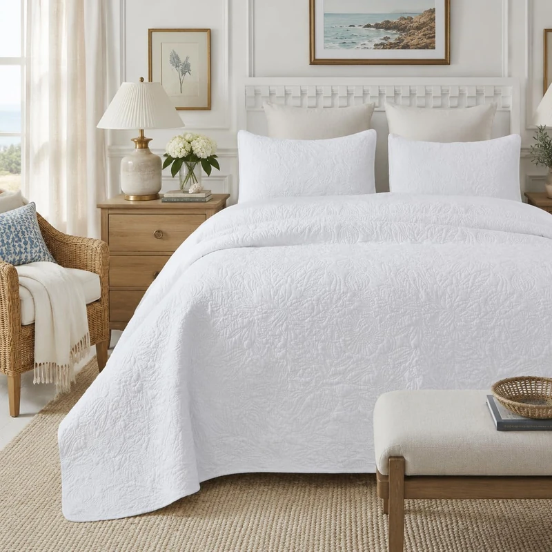 Brandream White Quilt Set Cotton Queen Size Botanical Floral Vine Quilted Coverlet Set Heirloom Quilt Bedding Set 3-Piece