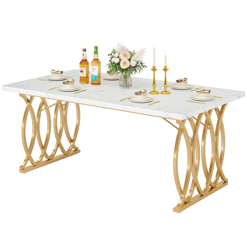 LITTLE TREE Modern Dining Table for 4-6 People, 63" Large Rectangular Kitchen Table with Faux Marble Tabletop and Geometric Legs, Unique Dinner Table Kitchen & Dining Room Furniture