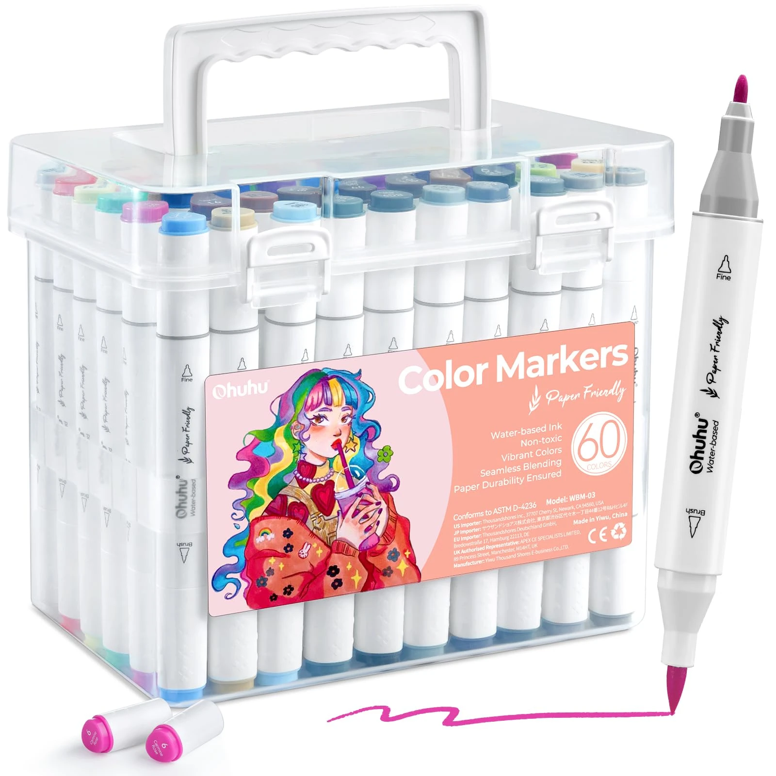 Ohuhu 60 Colours Water-Based Markers: Paper-Friendly Colouring Pens, Dual Tips Brush Pens for Adults Colouring Books, Art Markers for Adults Beginner, Calligraphy Drawing Sketch Journal