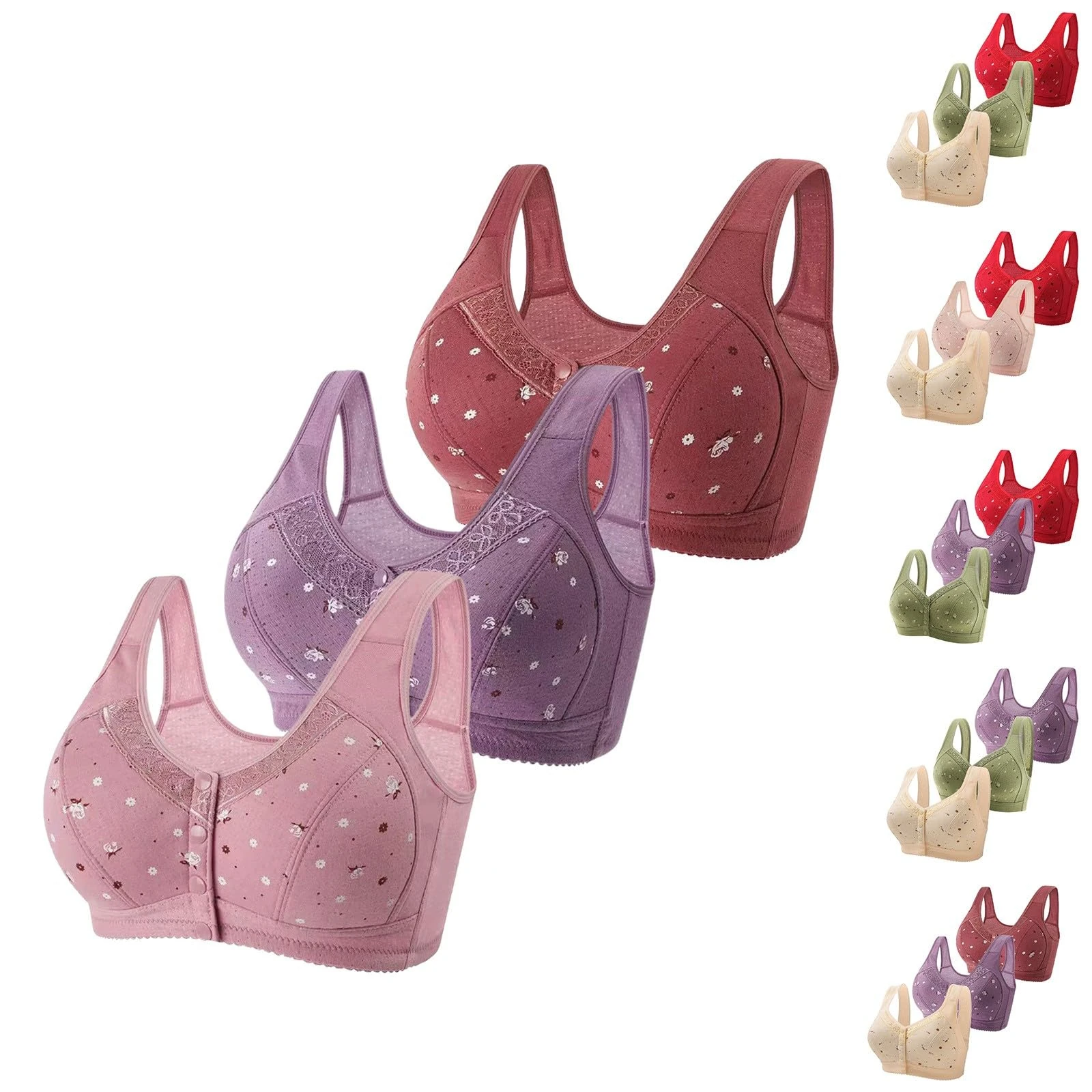 Generic Prime Membership 3 Pc Daisy Bras for Older Women Full Coverage Front Closure T Shirt Bra No Underwire Comfort Hides Back Fat Bralette Multicolor A
