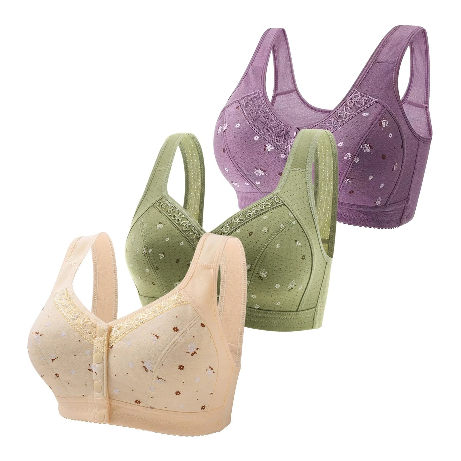 Generic Deal of The Day Prime Today Only Clearance 3 Pc Daisy Bras for Older Women Full Coverage Front Closure T Shirt Bra No Underwire Comfort Hides Back Fat Bralette Multicolor F