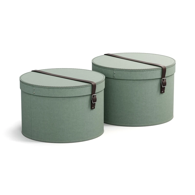 Bigso Box of Sweden RUT Set of 2 Storage Boxes with Lids - Round Organiser Box with Leather Straps - Large and Small Fibreboard and Linen Look Paper Hat Box - Mint Green