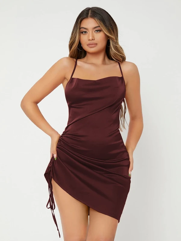 Redsyn Neon Orange Drawstring Ruched Crisscross Cami Satin Dress (Colour: Coffee Brown, Size : Small)
