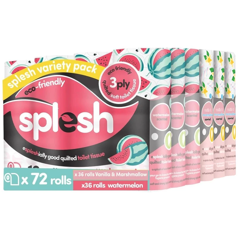 Splesh by Cusheen 3-ply Toilet Roll - Soft, Quilted Bulk Toilet Rolls, Eco-Friendly Toilet Tissue Loo Rolls, Made in UK - 72 Rolls (Vanilla 36s) & (Watermelon 36s)