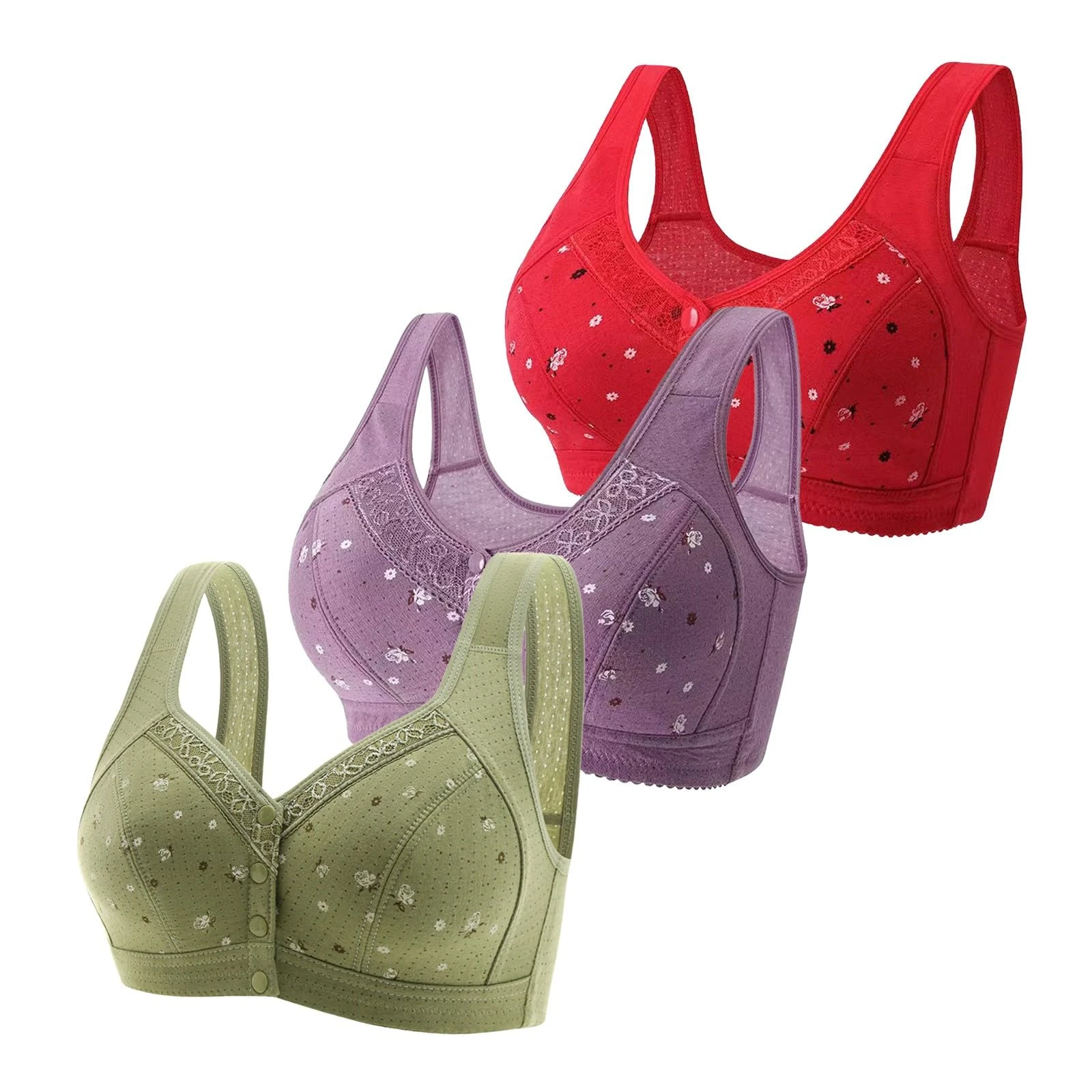 Generic Today Deals Prime 3 Pc Daisy Bras for Older Women Full Coverage Front Closure T Shirt Bra No Underwire Comfort Hides Back Fat Bralette Multicolor B