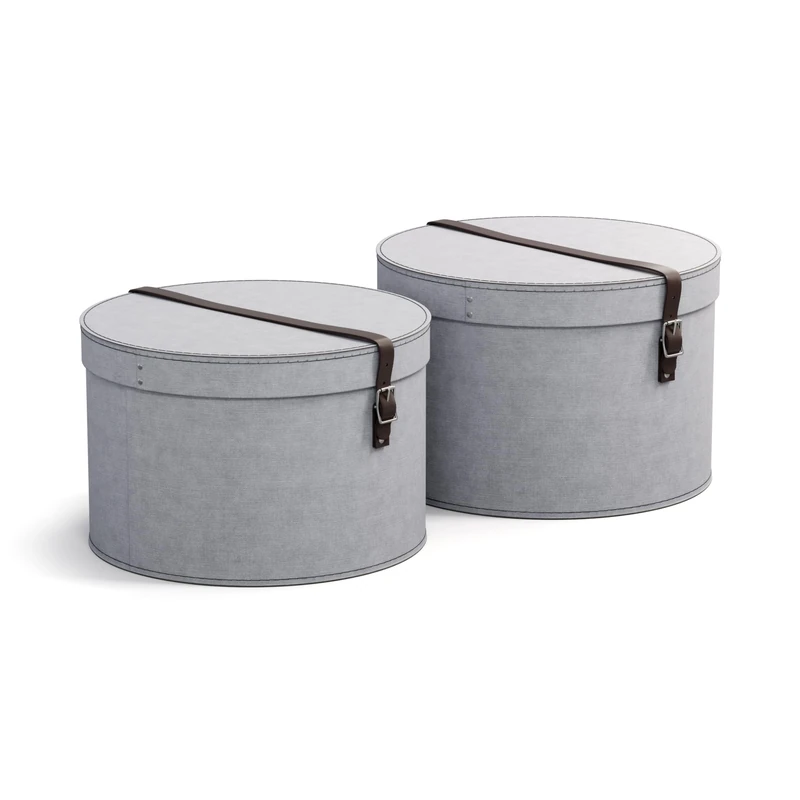 Bigso Box of Sweden RUT Set of 2 Storage Boxes with Lids - Round Organiser Box with Leather Straps - Large and Small Fibreboard and Linen Look Paper Hat Box - Light Grey