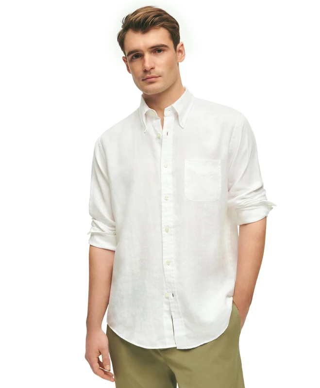 Brooks Brothers Men's Irish Linen Long Sleeve Sport Shirt, White, S