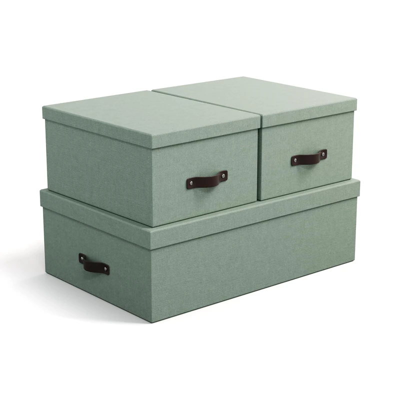 Bigso Box of Sweden INGE Set of 3 Storage Boxes for Bedroom, Children, Work or Bathroom - Organiser Box with Lid - Linen Look Storage Boxes - Mint Green