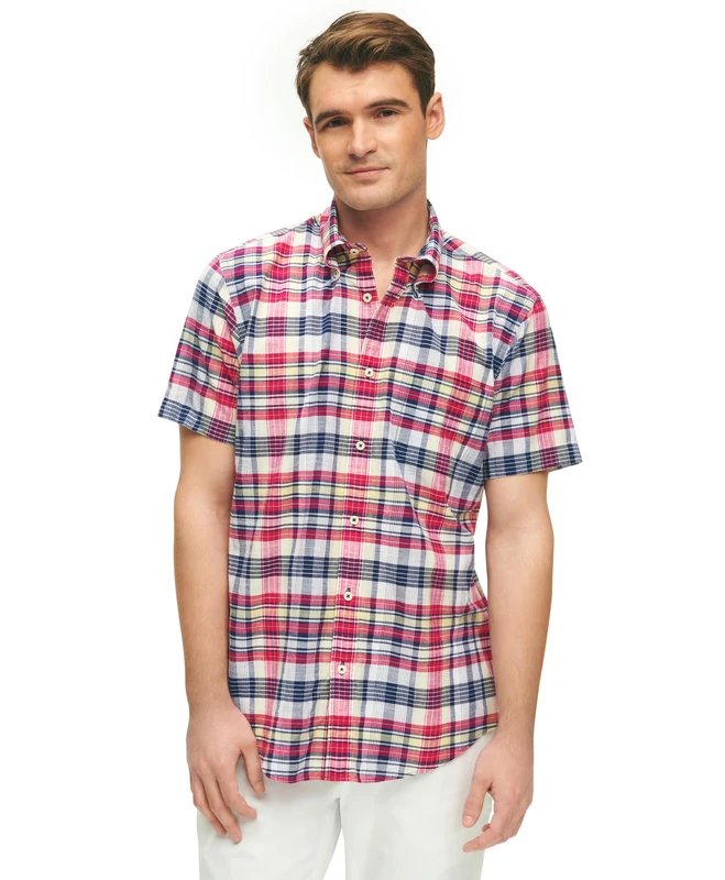 Brooks Brothers Men's Short Sleeve Button Down Sport Shirt, White, Large