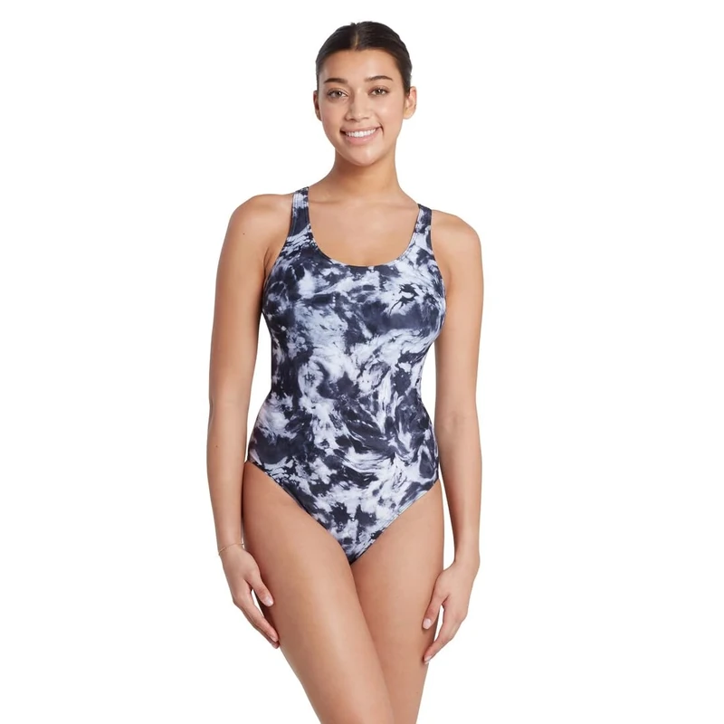 Zoggs Powerback One Piece Swimsuit - Marble Print, UPF50+, Size 16