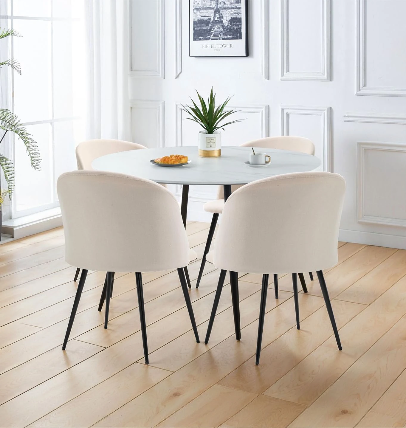 Hallowood Furniture Cullompton Large Round Dining Table and Chairs Set 4, White Faux Marble Top Kitchen Table and Upholstered Curved-back Fabric Beige Dining Chairs Ideal for Home and Cafe