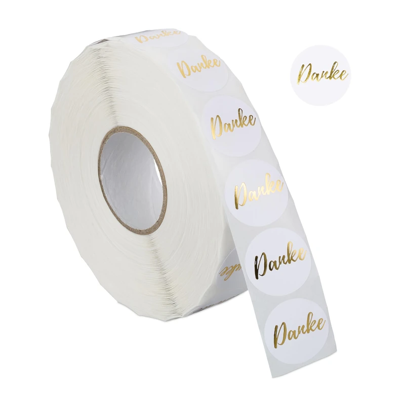 Relaxdays Roll, 2500 Set, Danke, German Self-adhesive Labels, Round Gift Tag Sticker, Ø 25 mm, White/Gold, Paper, 3 x 11 cm - Image 1