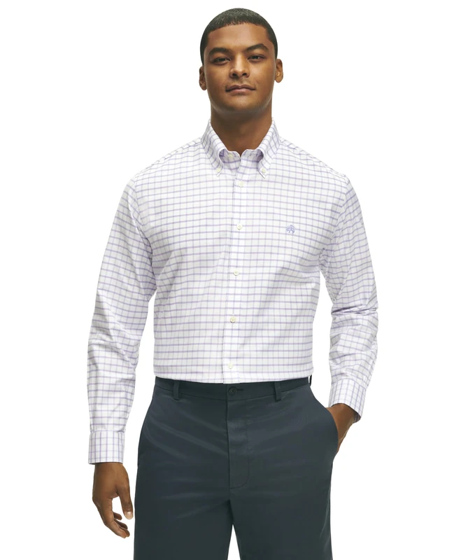 Brooks Brothers Men's Non-Iron Stretch Oxford Long Sleeve Check Sport Shirt, White/Violet, Large