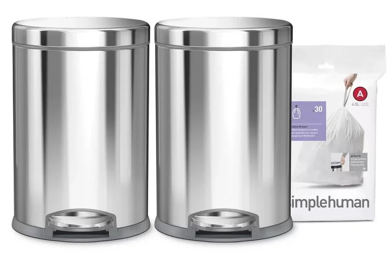 simplehuman Round Pedal Bin Bundle, 2 × 4.5L Compact Bathroom Bins + 30 Code A Custom Fit Liners, 150,000-Step Pedal, Lid Shox® Silent Close, Brushed Stainless Steel