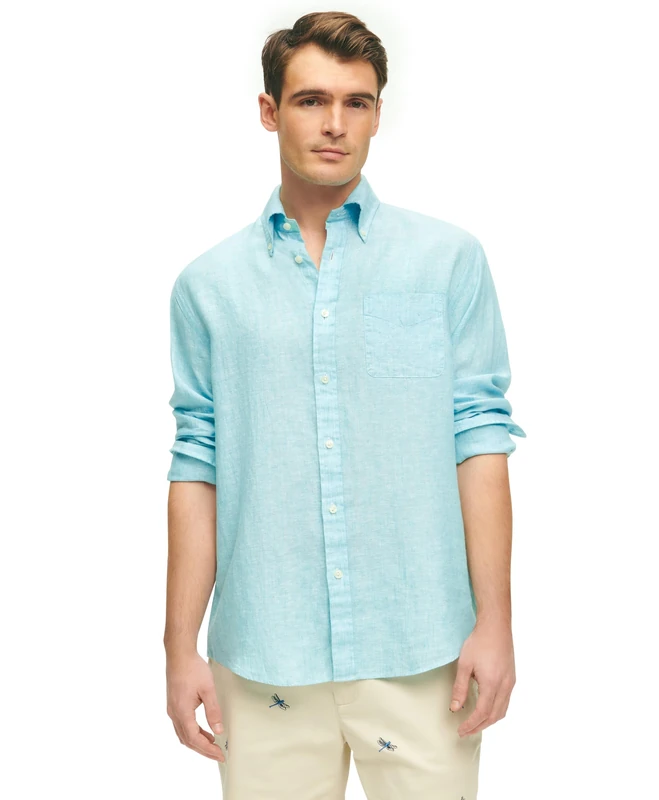 Brooks Brothers Men's Irish Linen Long Sleeve Sport Shirt, Marine Blue, Medium