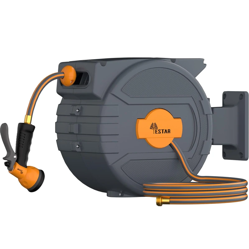 YESTAR Retractable Garden Hose Reel 1/2" x82 ft, Automatic Hose Reel with 7 Pattern Nozzle, Any Length Lock Wall Mounted &180 Deg Swivel