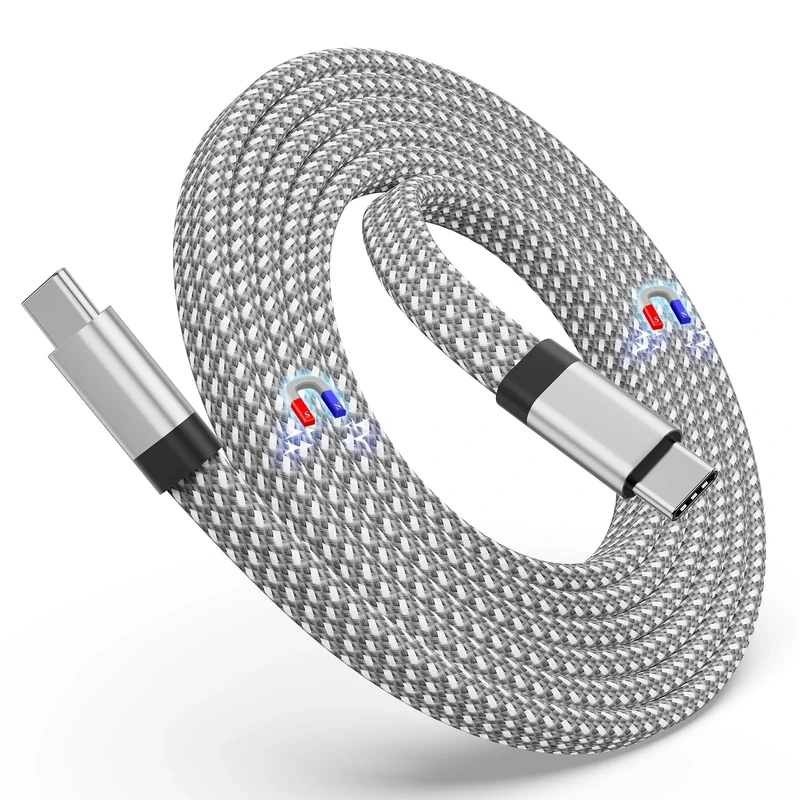 Magtame USB C to C 60W(3A) 5ft Coiled Flat Nylon Braided Type C Fast Charging Cable for USB C Devices, Samsung Galaxy, Silver