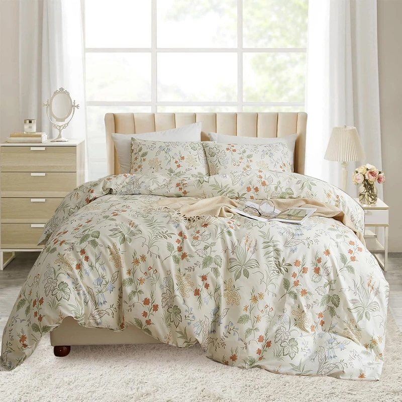 EAVD Vintage Style Garden Floral Comforter Set Full White Microfiber Chic Floral Leaves Cottagecore Bedding Set with 2 Pillowcases Reversible Botanical Aesthetic Comforter for All-Season