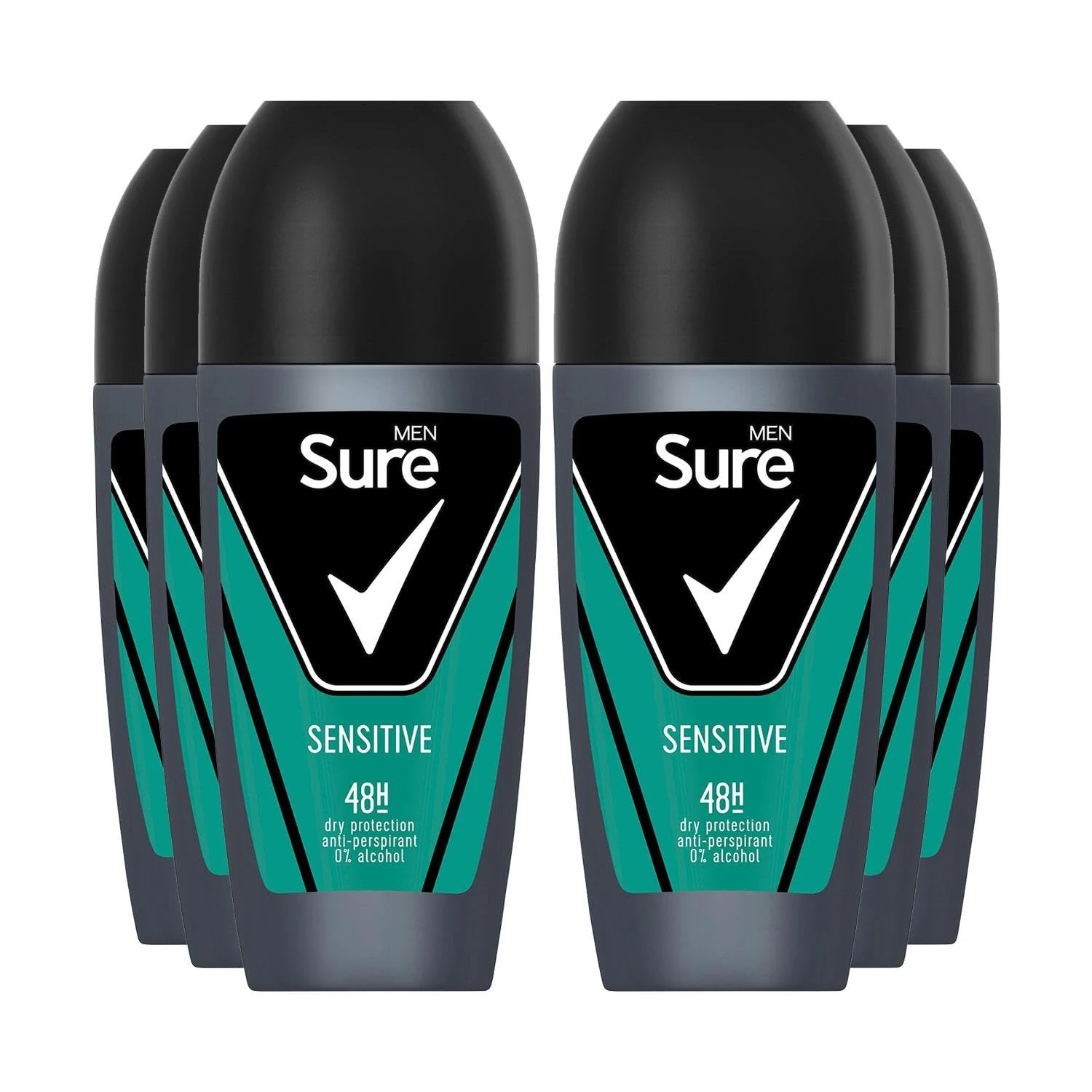 Sure Antiperspirant Roll On Sensitive 48H Sweat and Odour Protection Roll On with Sandalwood, Patchouli and Vanilla Fragrance Deodorant for Men, 50ml Pack of 6