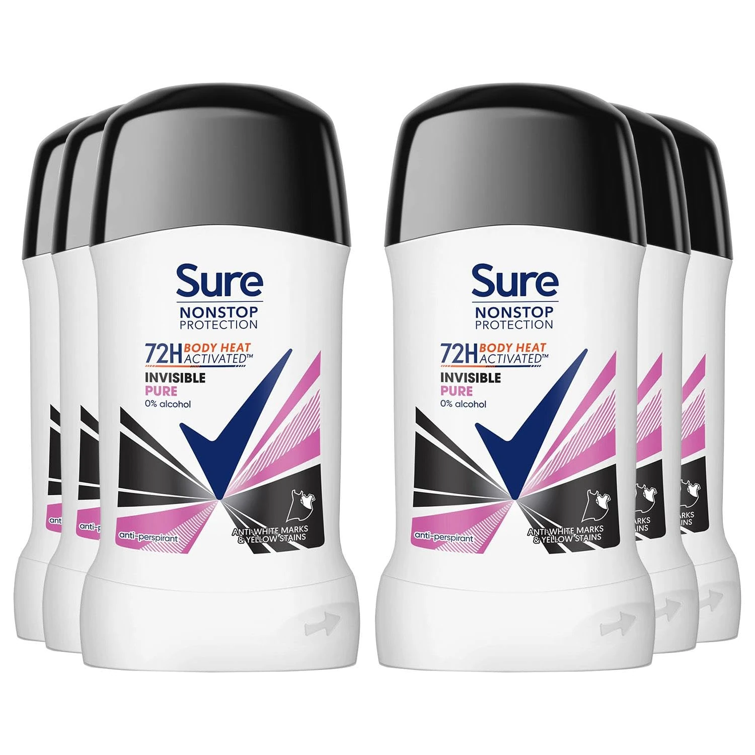 Sure Antiperspirant Deodorant Stick Invisible Pure 72H Nonstop Sweat and Odour Protection Roll On with Fresh and Light Scent Deodorant for Women, 50ml Pack of 6