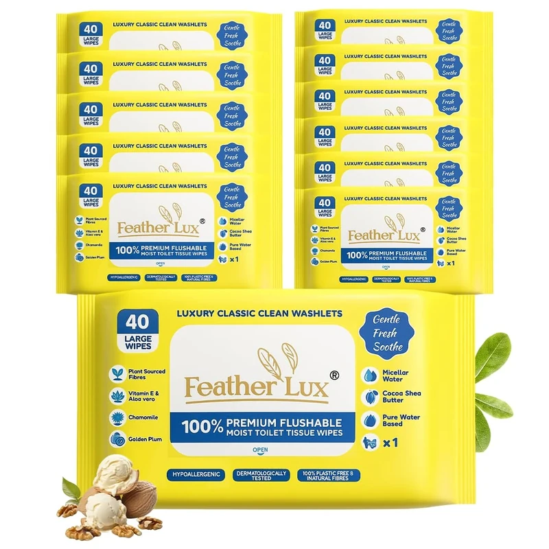 Wet Toilet Wipes Flushable for Adults, 12x 40 Flushable Toilet Wipes with Cocoa & Shea, Micellar, Aloe Vera & Vitamin E Moist Toilet Tissue Bum wipes,Chamomile,Plum and Biodgradable Large Sheets