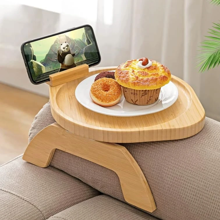 Bamboo Rotating Sofa Tray Table.Foldable Armrest Tray for Couches, Sofas & Chairs. Drinks, Snacks & Remotes. Natural Wood.