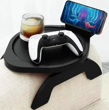 Kotona UK Bamboo Rotating Sofa Tray Table. Non-Slip Foldable Armrest Tray for Couches, Sofas, Chairs, for Home or Office, Black Wood