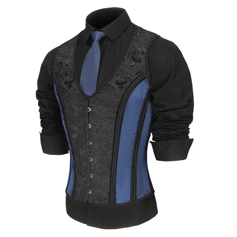 HUAMYTH Men Corset Vest Lace Up Bones Vintage Dress Waistcoat Tight Fitting Formal Tops Party Stage Waist Trainer, Black Floral Mixed Blue, Large