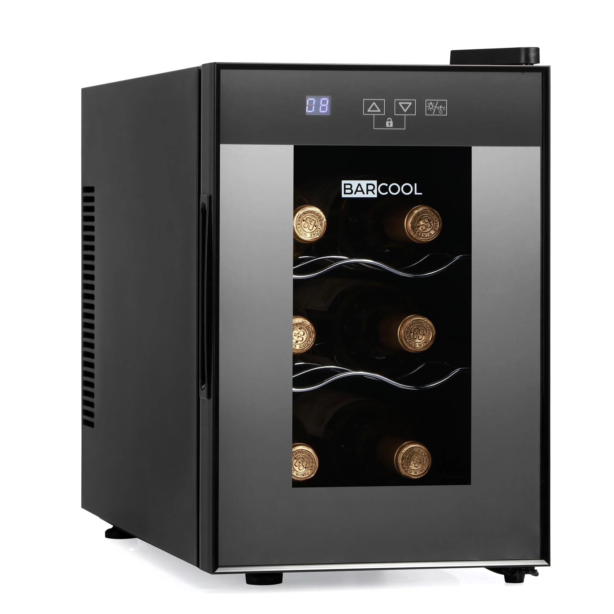 Barcool VINO6 – Table-Top Wine Fridge Black | 5-18°C | Wine Cooler | LED + Digital Display | Glass Door Drinks Cellar | Single-Zone (6 Bottle)