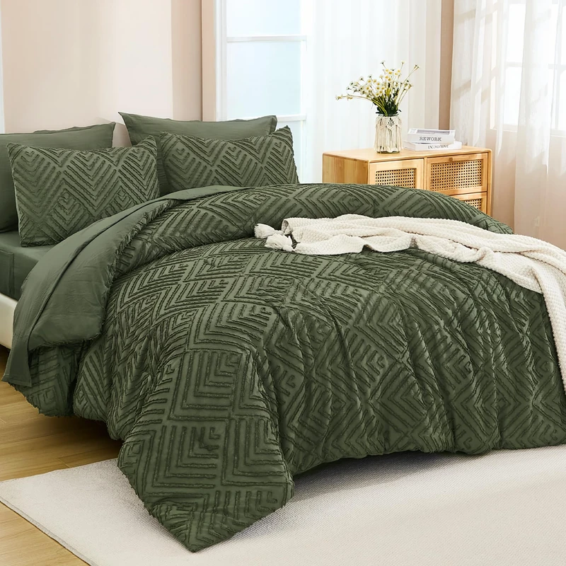 Andency King Size Comforter Set Olive Green - 7 Pieces Boho Bed Bedding Set with Comforter, Sheets, Pillowcases & Shams
