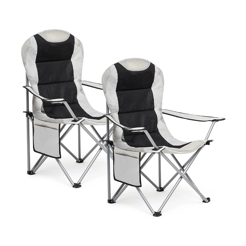 Mondeer Camping Chairs Set of 2, High Back Padded Folding Chairs with Cup Holder and Side Pockets for Garden Fishing Picnic Camping, upto 120 kg, Black & Grey