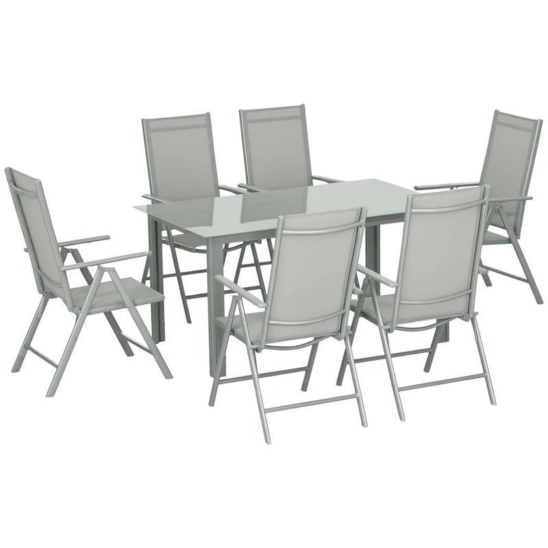Outsunny 7 Piece Garden Dining Set, Outdoor Table and 6 Folding and Reclining Chairs, Aluminium Frame, Tempered Glass Top Table, Texteline Seats, Grey