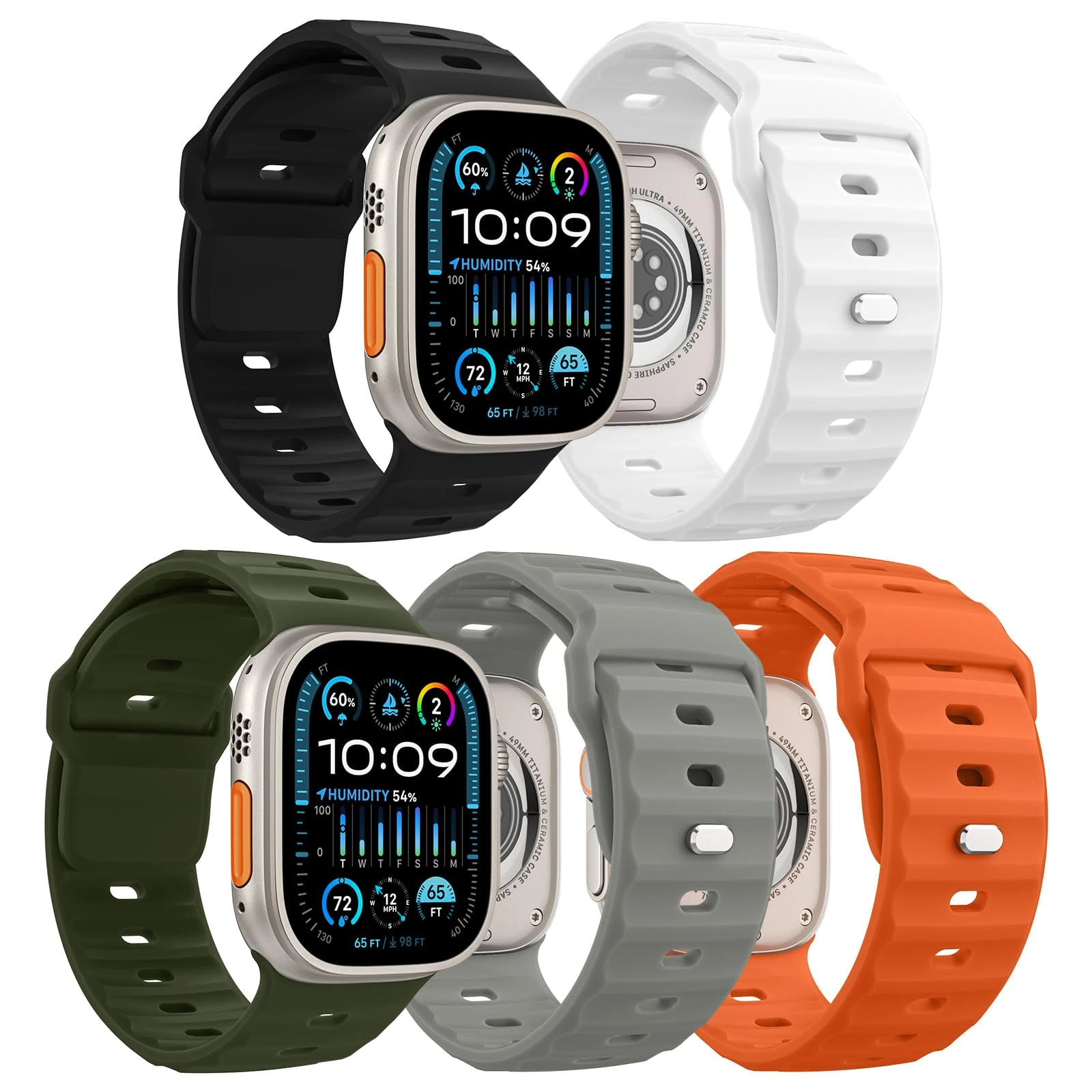 MoKo 5Pack Ocean Band Compatible with Apple Watch Ultra 3/2/1 49mm,S11/S10 46mm,9/8/7 45mm,SE3/SE2/SE/6/5/4 44mm,3/2/1 42mm,Silicone Replacement Strap Wrist Band for Men Women,ColrC