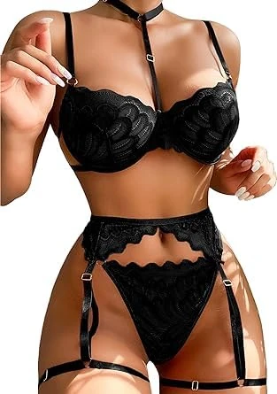 Satohom Women’s Sexy Choker Lingerie Set Underwired Lace Push Up Bra and G-String Underwear with Strappy Garter Belt Naughty 3 Piece Halterneck Xmas Nightwear Bikini for Women High Waistline Suspender