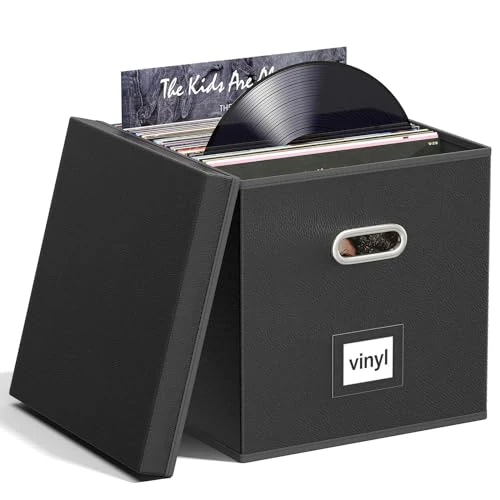 Aolawco 12-inch Leather Vinyl Record Storage Box, Folding LP storage boxes Holds up to 90+ Single Records, CD Storage Case, Records Organizer for Albums, CDs, Passports - Black(Patented Design)