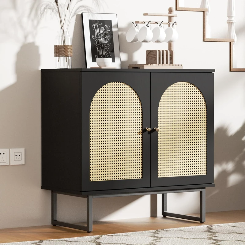 FiveWillowise Sideboard Buffet Cabinet with Rattan Doors, Kitchen Storage Cabinet, Sideboard Cabinet with Metal Legs for Living Room, Hallway, Entryway 2 Doors,Black