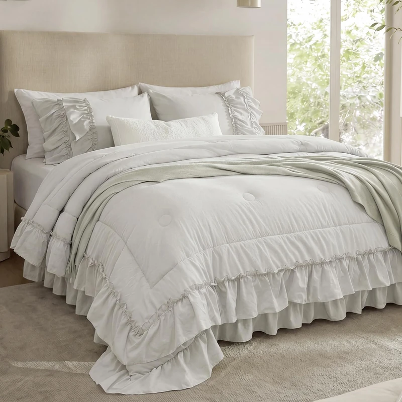 Bedding_Dreamer Beige Ruffle Comforter Set Queen, 3 Pieces Shabby Chic Farmhouse Bedding, Soft Microfiber Comforter with Matching Shams, All Season