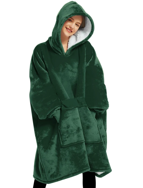 KFUBUO Wearable Blanket Hoodie for Adults Sherpa All Patterns Oversized Sweatshirt Blanket with Pockets Gifts for Mom Emerald Green, Emerald Green, Adult