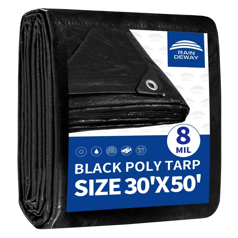 RAINDEWAY Large Black Tarp 30x50 Feet 8 Mil Multipurpose Waterproof Tarps