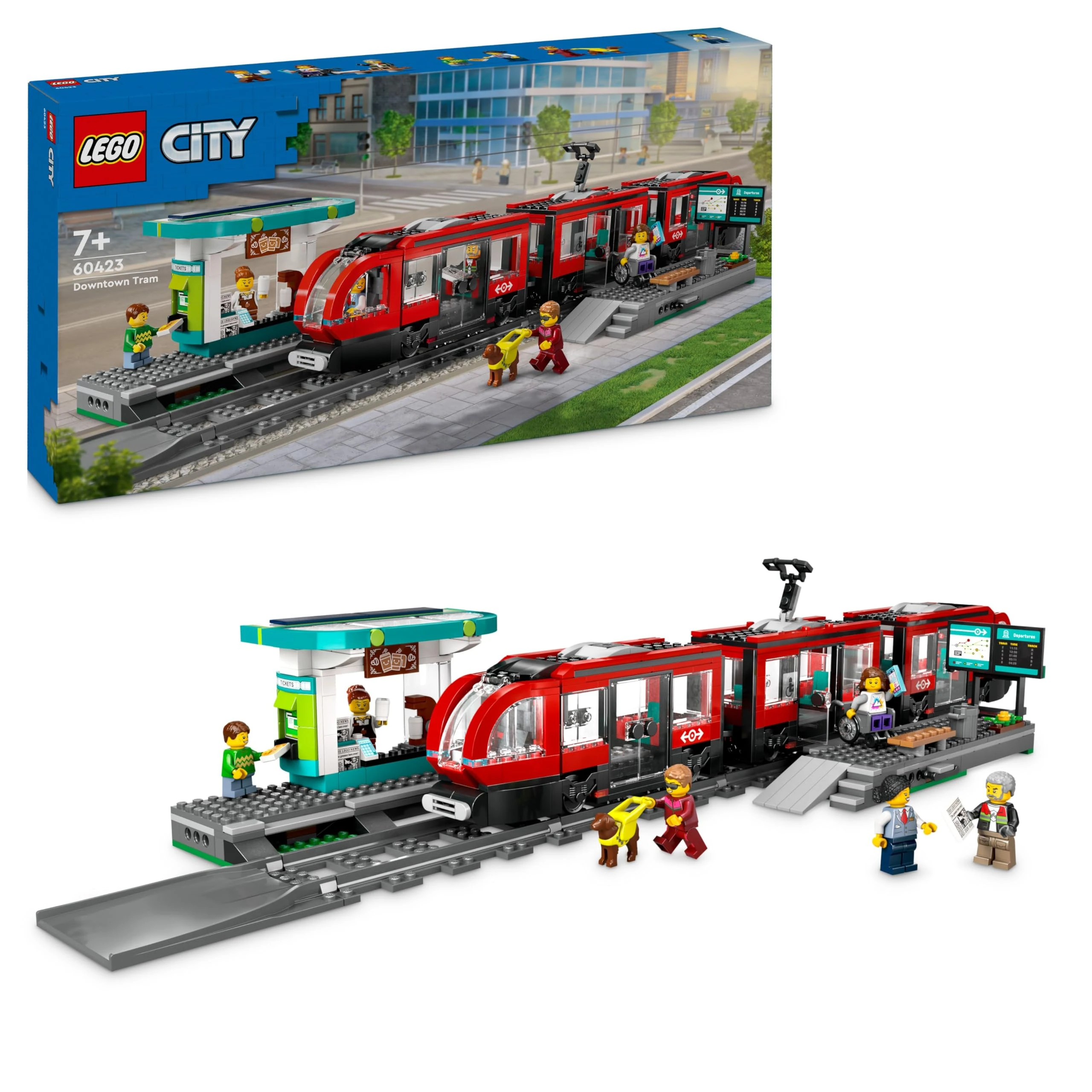 LEGO City Downtown Tram and Station Vehicle Building Toy Set for 7 Plus Year Old Kids, Boys & Girls, with 6 Minifigures and a Guide Dog Figure for Role Play, Birthday Gift Idea, 60423