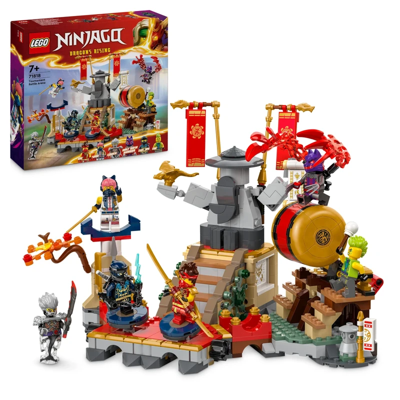 LEGO NINJAGO Tournament Battle Arena Set, Ninja Adventure Toys for 7 Plus Year Old Boys & Girls, with 6 Minifigures including Characters Jay and Kai, Dragons Rising Birthday Gift for Kids 71818