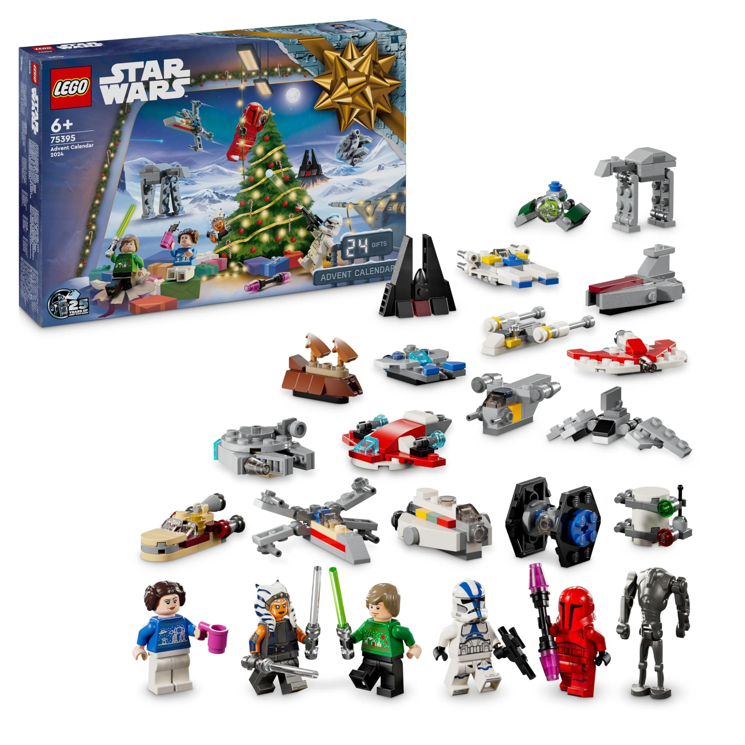 LEGO Star Wars Advent Calendar 2024 for Kids, Features 18 Collectible Mini Build Toys and 6 Character Minifigures, Christmas Idea for 6 Plus Year Old Boys, Girls and Fans 75395