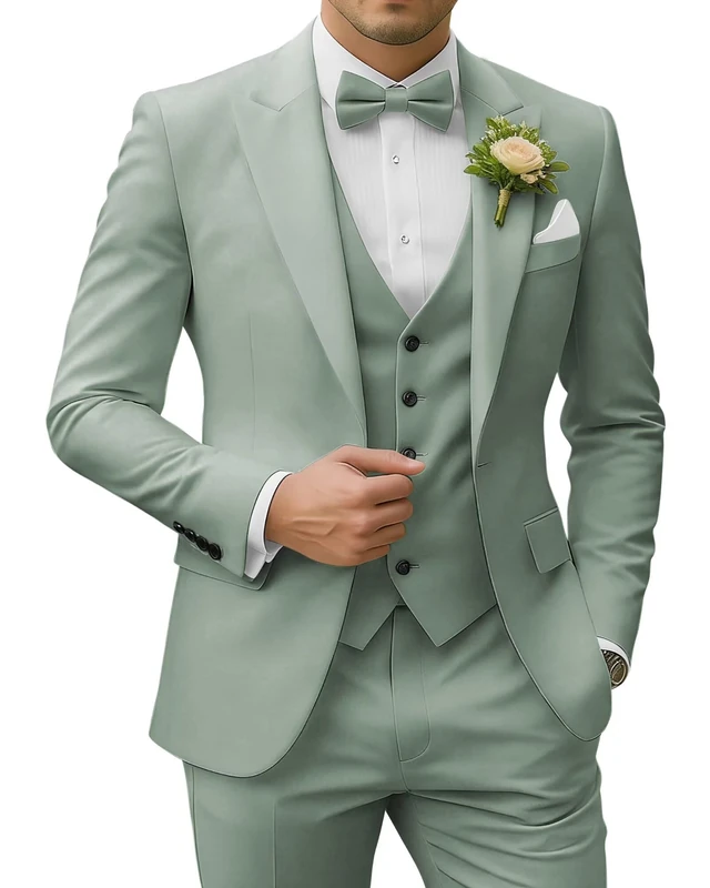 SPTALLFITJSV Men's 3 Piece Suits Slim Fit Peak Lapel 2 Button Blazer Jacket Vest Pants Set Wedding Business Prom Party Suit, Dusty Green, L