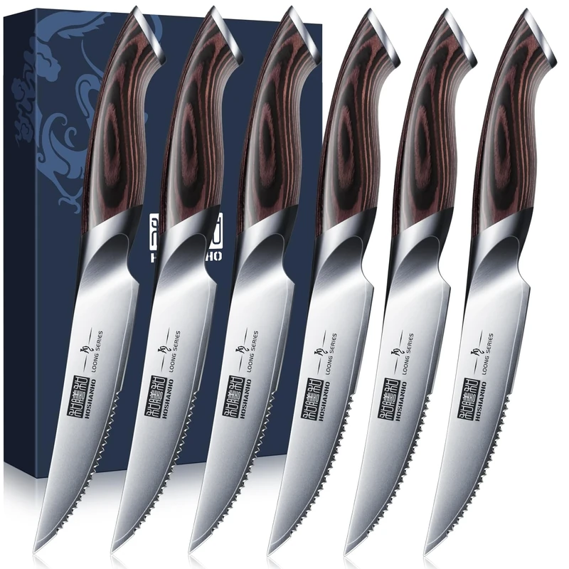 HOSHANHO Steak Knives Set of 6, Ultra Sharp 4.5 Inch Serrated Steak Knife Set, Japanese High Carbon Steel Kitchen Steak Knives with Ergonomic Handle